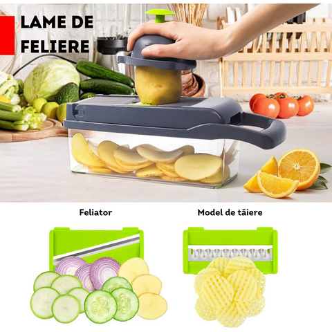 🥕 Tocător Multifuncțional 14 în 1 – Set Complet pentru Legume, Fructe și Brânzeturi cu Lame din Oțel Inoxidabil și Mâner de Protecție | RapidChef