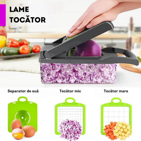 🥕 Tocător Multifuncțional 14 în 1 – Set Complet pentru Legume, Fructe și Brânzeturi cu Lame din Oțel Inoxidabil și Mâner de Protecție | RapidChef
