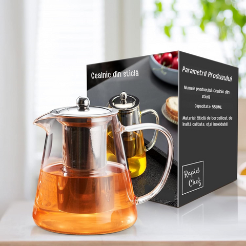 🍵 Ceainic din Sticlă Borosilicată pentru Aragaz – 0,55L, Oțel Inoxidabil0,55l/0,25l, Perfect pentru Ceaiuri și Infuzii | RapidChef